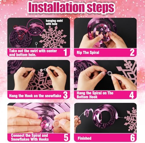 Snowflake Decorations, Christmas Hanging Decor, Pink White Silver, 30-Pc - Image 4