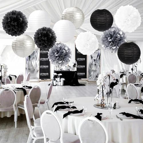 Black White Silver Party-Decorations Paper Flowers Lanterns - 15PCS Birthday Halloween Wedding Tissue Pom Poms Streamers, Halloween Prom Baby Shower Bachelorette Hanging Supplies Decor Hugfond - Image 4