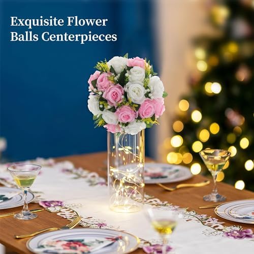BLOSMON Flower Balls Wedding Centerpieces: 10 Pcs Pink White Fake Roses - Image 4