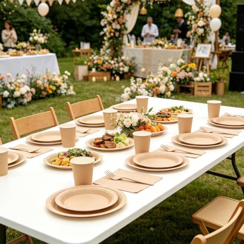 125Pcs Brown Plates and Napkins Party Supplies, 9’’& 7'' Disposable Khaki Paper Plates and Cups and Napkins Forks Set for Baby Shower, Wedding, Fall Birthday Party Decorations, Serves 25 - Image 6