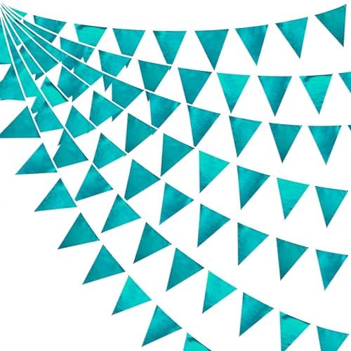 Teal Aqua Blue Triangle Pennant Banner Turquoise Metallic Fabric Flag Bunting Garland for Birthday Bridal Shower Graduation Wedding Holiday Retirement Under The Sea Mermaid Party Decorations Supplies by pinkblume