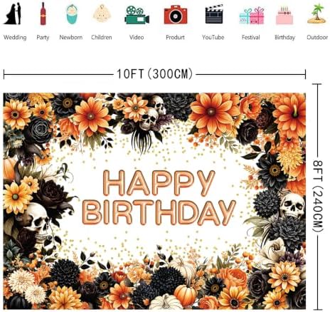 INRUI Halloween Gothic Skull Happy Birthday Backdrop 10x8FT - Image 4