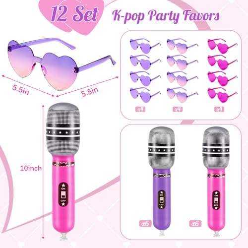 24 Pcs K-pop Party Favor Inflatable Microphone Heart Sunglasses, Pink - Image 2
