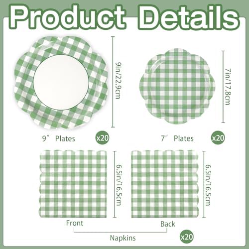60Pcs Green Gingham Paper Plates and Napkins Party Supplies for 20 Guests - Image 3