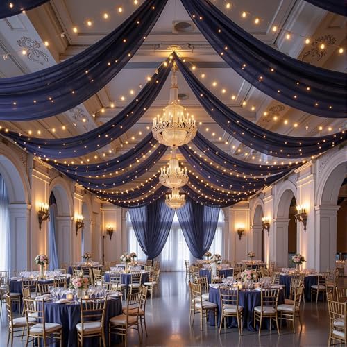 Navy Blue Ceiling Drapes with Lights String for Weddings, 6 Panels 5ftx20ft Sheer Tulle Backdrop Photo Background Drapes for Wedding Ceremony Birthday Party Arch Decoration - Image 6