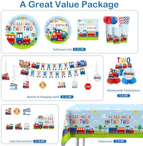 202Pcs Chugga Chugga Two Two Party Decorations Serves 25 Guests, 2nd Birthday Decorations for Boys Include Banner, Plates, Tablecloth, Balloons, Cake Topper, Cupcake Toppers, Train Birthday - Image 4