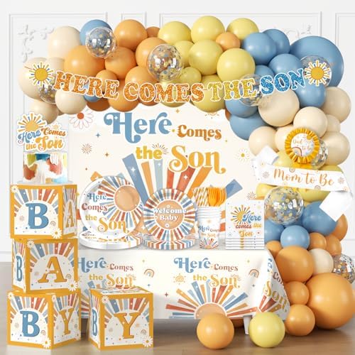233 Pcs Here Comes The Son Baby Shower Decor for Boy Boho Baby Shower Party by cocomigoPartyHome