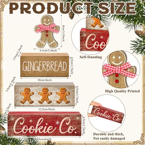 Moucuny 4 Pcs Gingerbread Christmas Table Decor, Gingerbread Man Wood Sign - Image 2