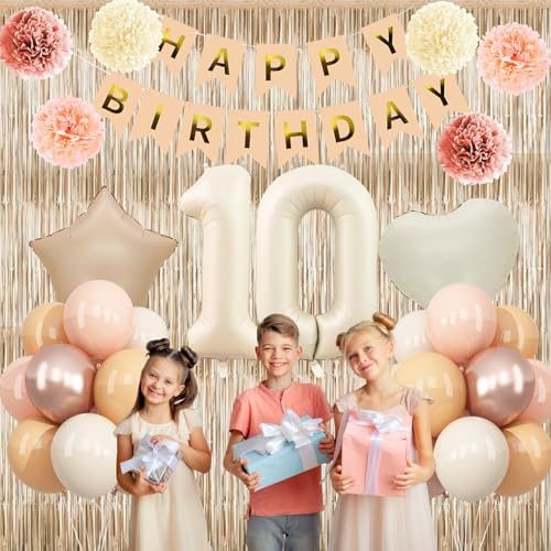 Beige Happy 10th Birthday Party Decoration Girls Cream Number 10 Balloon - Image 5