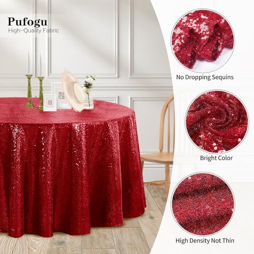 Pufogu 120" Round Burgundry Sequin Tablecloth Glitter Red Table Cloths for Birthday Wedding Bridal Baby Shower Party Decorations - Image 3