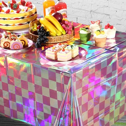 6 Pack Pink and Iridescent Checkered Plastic Tablecloth, Shiny Disposable Laser Rectangle Table Covers, Holographic Foil Tablecloth Iridescent Party Decorations for Picnic Camping Outdoor, 54x108Inch - Image 5