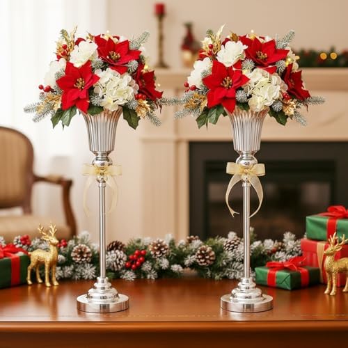22.5inch Versatile Metal Wedding Centerpiece Vases - Set of 2 Tall Silver Trumpet Vases, Elegant Silver Centerpiece Stands for Road Leading Wedding Reception Party Event Anniversary Home Decor - Image 4