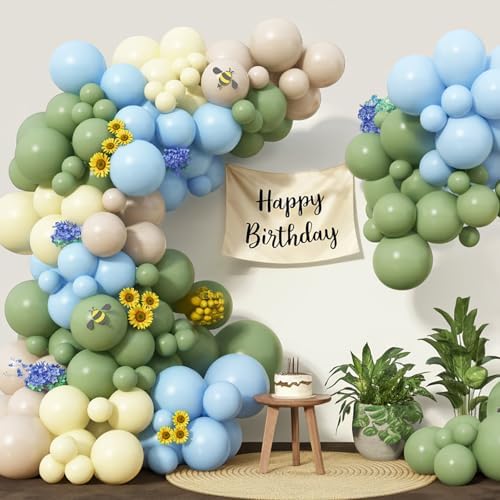 Green Blue Yellow Beige Balloons Arch Birthday Decorations Bear Baby Shower - Image 7