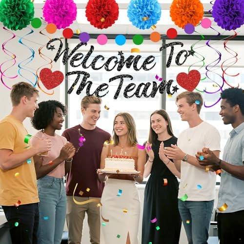 Welcome To The Team Party Decorations Black Glittery Welcome Signs Banner Hanging Swirls Colorful Paper Pompoms Circle Dots Garland for New Employee Coworker Teacher Colleague Staff Team Member Office Party - Image 4