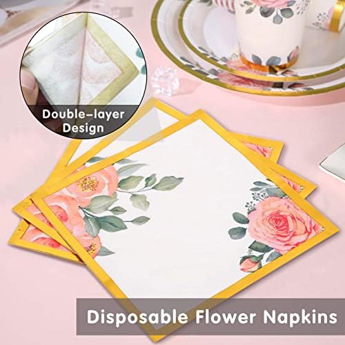 350PCS Floral Paper Plates Set, Disposable Plates With Gold Rim Serve 50 Guests, Party Supplies for Adults Garden Tea Party Bridal Shower Decorations - Image 4
