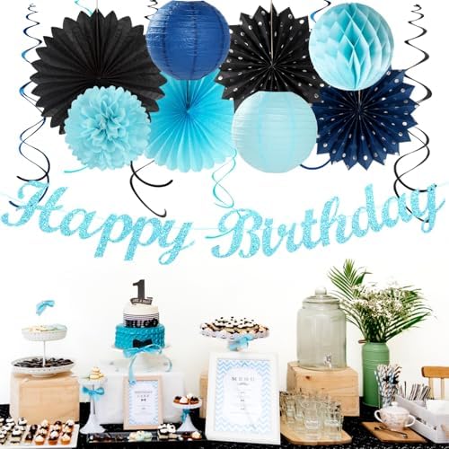 Light-Royal Navy-Blue Black Birthday Party-decorations - 21pcs Boys Men Happy Banner,Paper Streamers Lanterns Honeycomb,Tissue Pom Poms Fan,Adult Supplies Decor 16th 20th 40th 45th 50th 60th Huglony - Image 7