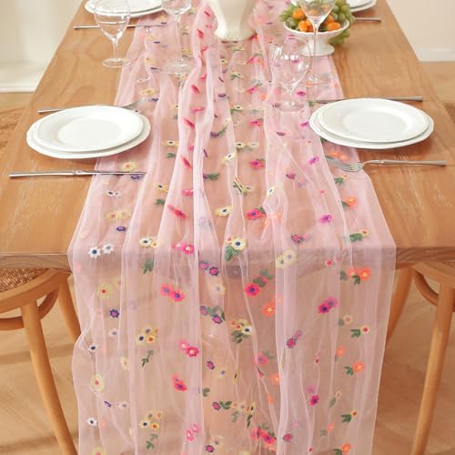 Pink Embroidery Daisy Fall Table Runner 10ft Florals Seasonal Tulle Table Runner Holiday Kitchen Dining Table Decoration for Home Party Indoor - Image 5