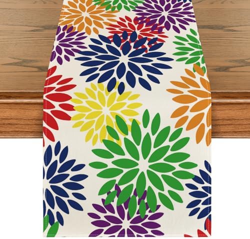 Artoid Mode Red Blue Green Dahlia Floral Pinnata Spring Table Runner, Seasonal Kitchen Dining Table Decoration for Home Party Decor 13x72 Inch by ArtoidMode