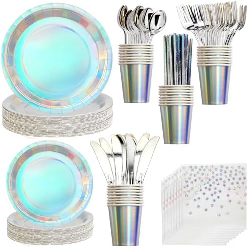 200 pieces of silver party supplies, disposable tableware set, silver paper plates, cups, napkins, plastic knives, forks and spoons, for 25 people by Unknown