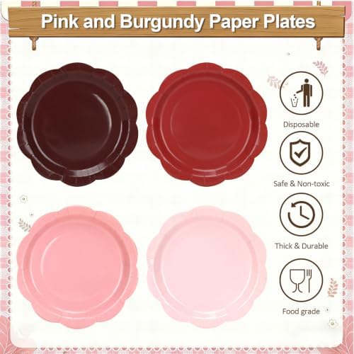 96Pcs Pink and Burgundy Paper Plates and Napkins Serves 48,9 Inch Gradient Disposable Plates,6.5" Scalloped Napkins Tableware for Bridal Shower,Girl Birthday, Wedding,Valentine’s Day - Image 4