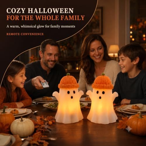 Enido Ghost with Pumpkin Hat Flameless Candles with Remote, Set of 2 Cute Real Wax LED Halloween Candles, Battery Operated Tea Lights, 2/4/6/8H Timer for Kids Room, Fall Tiered Tray Decor - Image 2