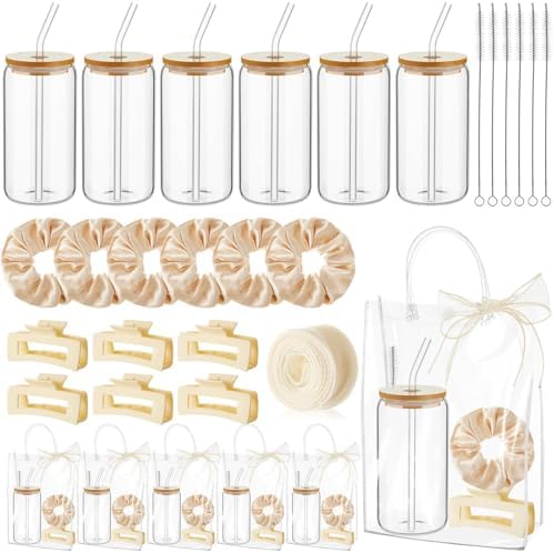 SiliFine 25 Pcs/6 Set Champagne Birthday Gifts for Girls Party Supplies, 6 Glass Cups, 6 Hair Bands, 6 Hair Clip, 6 Tote Bags, 1 Ribbon for Women Sisters Daughter Spa Sleepover Slumber Party Favor by SiliFine