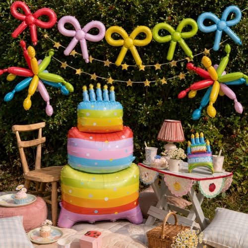 Rainbow Birthday Decoration Set 10Pcs - Giant 47" Inflated Standing Cake Foil Balloon No Helium Required, Hanging Ceiling Firework & DIY Bow Balloons, Star Banner, Hat Headband for Kids Party by Eanjia