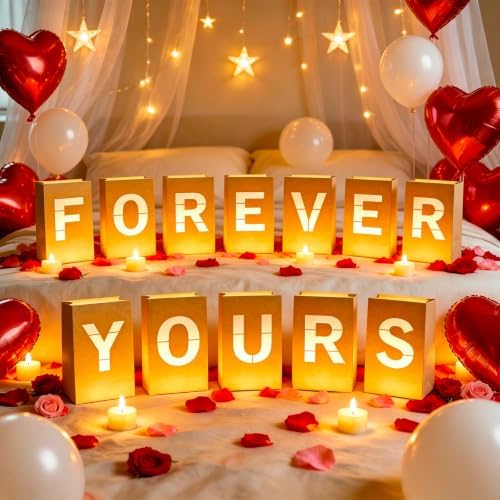 FOREVER YOURS Light Up Letters, with Tea Lights Candles, Rose Petals, Pearlescent Foil Balloons - Luminary Paper Bags, Anniversary Decorations and Valentines' Day Decorations for Your Loved One - Image 2