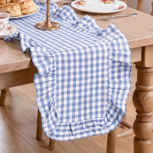 Artoid Mode Light Blue Farmhouse Plaid Gingham Ruffle Table Runner, Seasonal Scalloped Summer Kitchen Dining Table Decoration for Home Party Decor 13x48 Inch by ArtoidMode