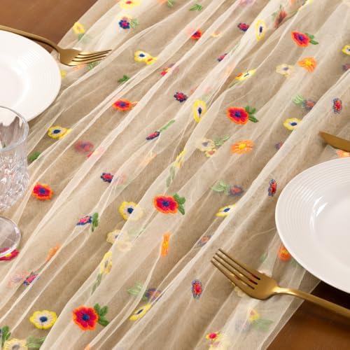 Flower Table Runner Fall Daisy Floral Tulle Cheesecloth Wedding Decor - Image 3