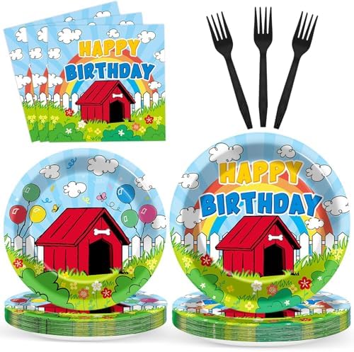 96pcs Cartoon Dog Red House Birthday Plates and Napkins Cute Dog Red House Party Supplies Puppy Theme Blue Red Disposable Tableware for Kids Pet Theme Birthday Baby Shower Party Decoration Serve 24 by partygreeting
