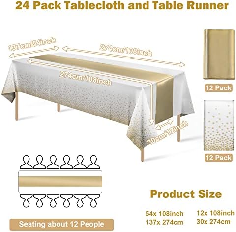 24Pack Disposable Plastic Tablecloths and Satin Table Runner Set White and Gold Dot Tablecloth Gold Satin Table Runner for Wedding Birthday Baby Shower Anniversary Christmas New Year Party Decorations - Image 2