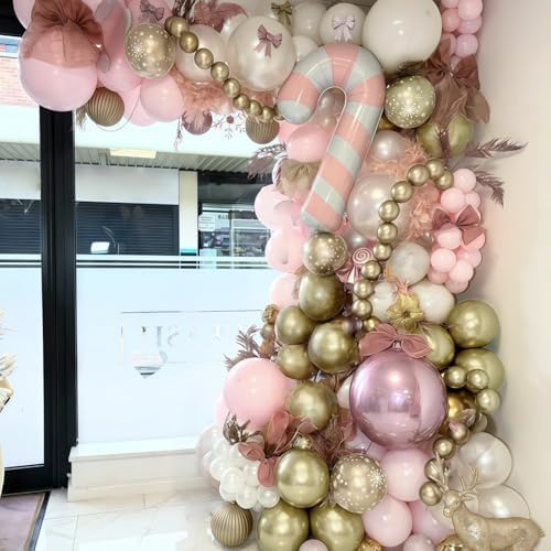 Pink Christmas Balloon Arch Kit, Pastel Baby Pink White Gold Christmas Balloons with Gingerbread Man Candy Cane Swirl Lollipop Foil Balloon for Xmas Birthday Baby Shower Party Decorations - Image 4