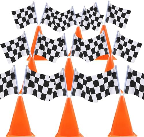 9 Pack 7inch Orange Race Cones with Holes on Top,18 Pack Checkered Flags,Racing Car Birthday Party Decorations,Two Fast Centerpieces,Race Cars Themed Party Supplies by YOELVN