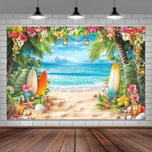 Summer Beach Ocean Backdrop, Tropical Hawaiian Palm Trees Flower Photography Background, Blue Sea Sky Luau Aloha Party Wedding Baby Birthday Bridal Shower Decoration Banner Photo Booth 6X4FT - Image 4