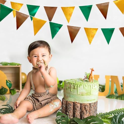 Green Gold Brown Metallic Fabric Triangle Pennant Banner Flag Bunting Garland for Football Jungle Safari Wild Woodland Birthday Baby Shower Wedding Bachelorette Graduations Party Decorations Supplies - Image 5