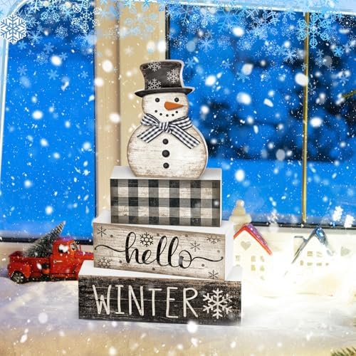 Moucuny 4 Pcs Winter Snowman Tiered Tray Decor Wooden Block Signs - Image 5