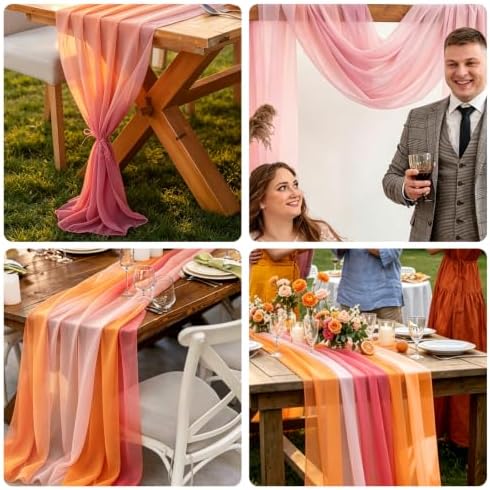 8 Pcs Pink and Orange Party Decorations, 10Ft Chiffon Table Runner Cloth, Boho Sunset Party Decorations for Wedding Table Bridal Shower Birthday Graduation Parties Supplies - Image 5