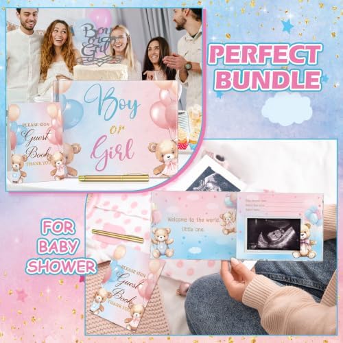 Fuyoooo 27 Pcs Gender Reveal Guest Book Set Blue Pink Bear with Gold Pen - Image 6