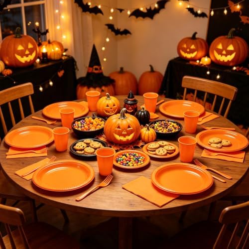 200pcs Disposable Orange Plastic Party Plates for Thanksgiving, Halloween - Image 5