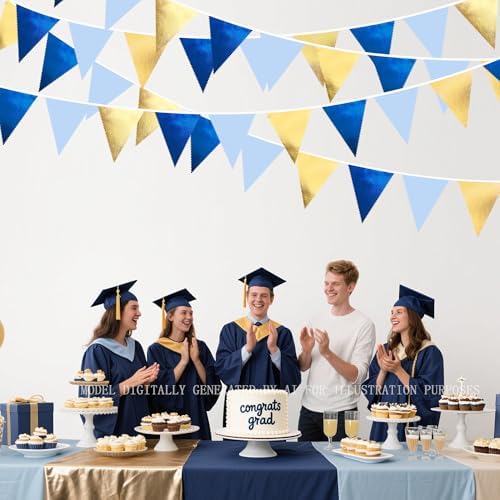 Gold Blue Party Decoration Gradient Blue and Gold Triangle Pennant Banner Flag Metallic Fabric Bunting Garland for Nautical Ahoy Achor Birthday Graduation Retirement Wedding Baby Shower Party Supplies - Image 4