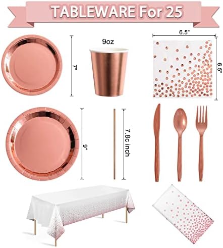 Guudmua 285 Pcs Rose Gold Party Decorations, Birthday Decorations For Women Or Girl - Knives, Forks and Spoons, Tiara, Butterfly, Sash, Paper Pom Poms, Balloon Stand, Tableware For 25 Guests - Image 7