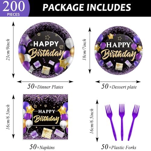 gisgfim 50 Guests Purple Birthday Party Supplies Purple and Black Plates and Napkins Forks Happy Birthday Tableware Paper Plates for Women Girl Party 200PCS - Image 2
