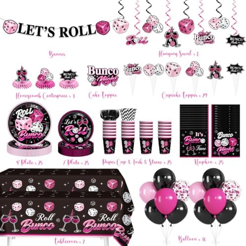 205PCS Yingoto Hot Pink and Black Bunco Party Supplies Set, 25 Guests - Image 2