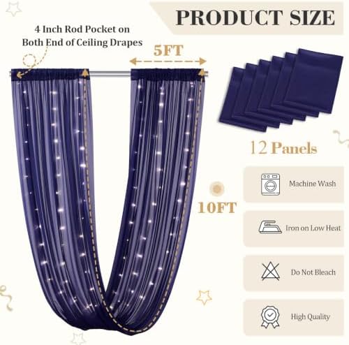 12 Panels Dark Blue Ceiling Curtains with Lights for Weddings - 5ftx10ft Wrinkle-Free Tulle Fabric Wedding Arch Draping Ceiling Drapes Decorations for Wedding Party Ceremony Stage Tent Event - Image 4