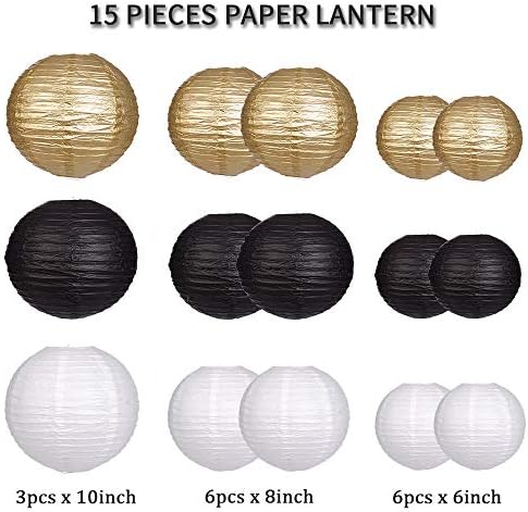 Round Hanging Paper Lanterns Black and Gold Party Decorations 15pcs - Image 2