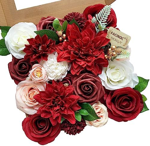 FACINOC Roses Artificial Flowers Red Bouquet Box Set Fake Flower for DIY Bridal Wedding Shower Decorations Centerpieces for Table Faux Silk Floral Arrangement for Party Home Decor Indoor Burgundy by FACINOC