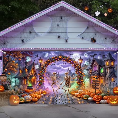 Halloween Garage Door Cover 13x6ft Dancing Skeleton Pumpkin Arch Ghost by Lacoiime