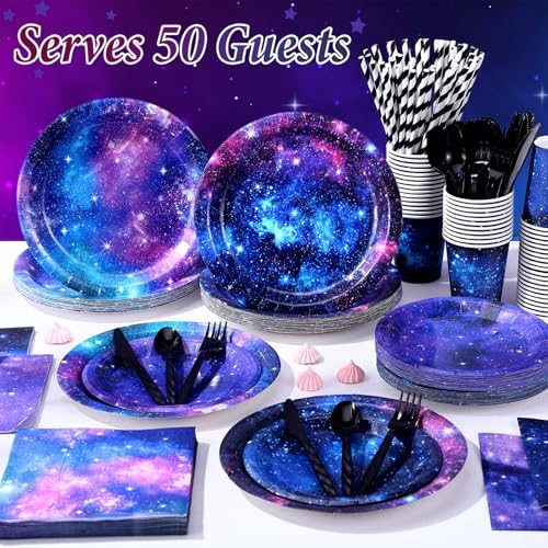 450 Pcs Space Galaxy Tableware Set, Serve 50, Blue Purple - Image 6