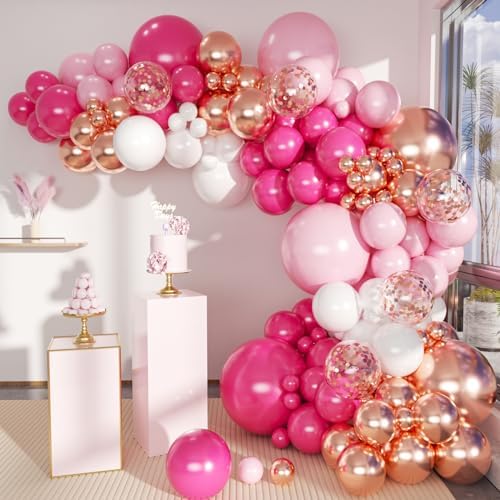MEBAY Rose Red Pink Champagne Balloon Arch Garland Kit, 146 Pcs Hot Pink Confetti Rose Gold Tender Pink White Balloons for Graduation Birthday Party Baby Shower Wedding Decorations by MEBAY
